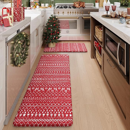 KIMODE Christmas Kitchen Rugs Sets of 2, Anti Fatigue Mats for Kitchen Floor, Farmhouse Red Christmas Kitchen Decor, Cushioned Kitchen Floor Mats Non Slip for Sink Laundry Desk 17"x47"+17"x29"