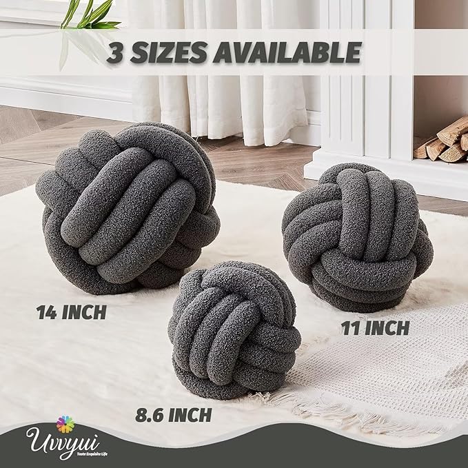 Uvvyui Knot Pillow Ball, Soft Home Decorative Pillows, Round Throw Pillow, Handmade Knotted Plush Pillow, Round Boucle Pillow Cushion (11.8 Inches Dark Gray)