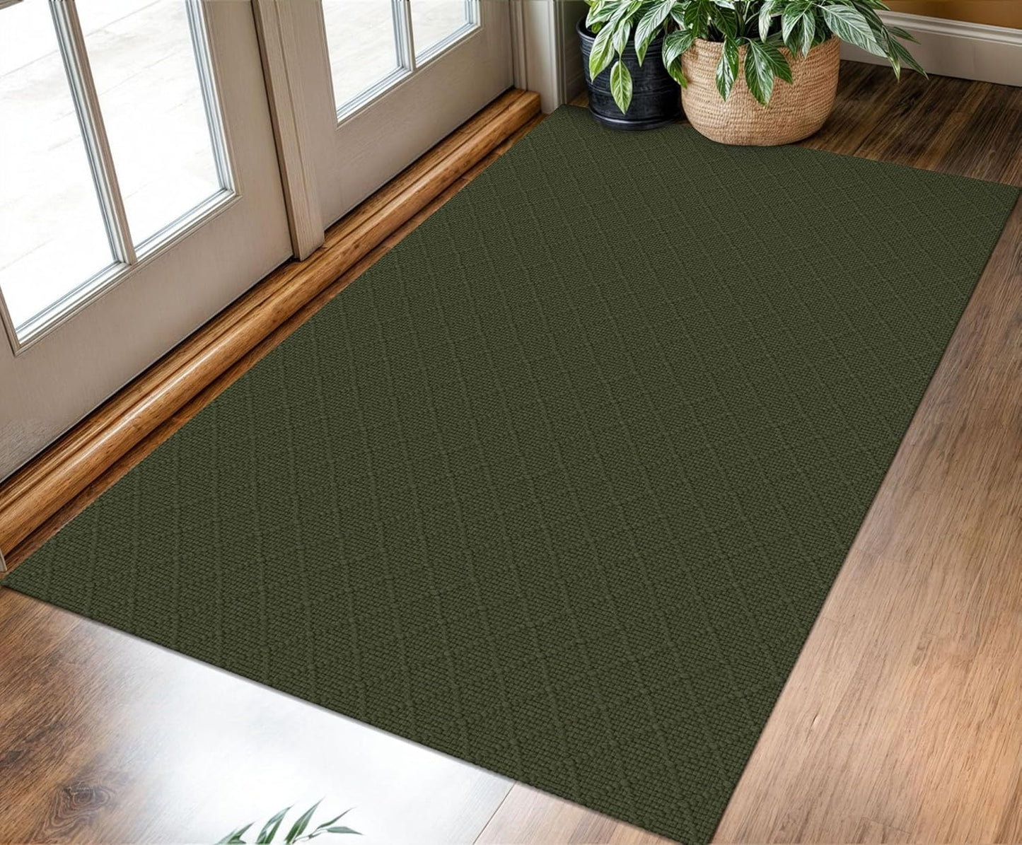 KOZYFLY Area Rug 3x5 Ft Washable Rugs for Entryway Non Slip Rubber Backed Throw Rugs Indoor Door Mat Woven Cotton Floor Carpet for Front Door Entrance Foyer Kitchen, Dark Green