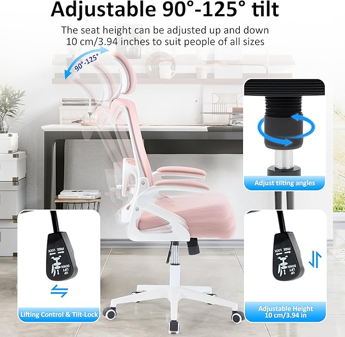 Fizzin Ergonomic Office Chair,Ergonomic Desk Chair with Headrest Pink Computer Chair with High Back Adjustable Lumbar Support, Rolling Swivel Chairs with Wheel Armrests for Home Office(Pink)