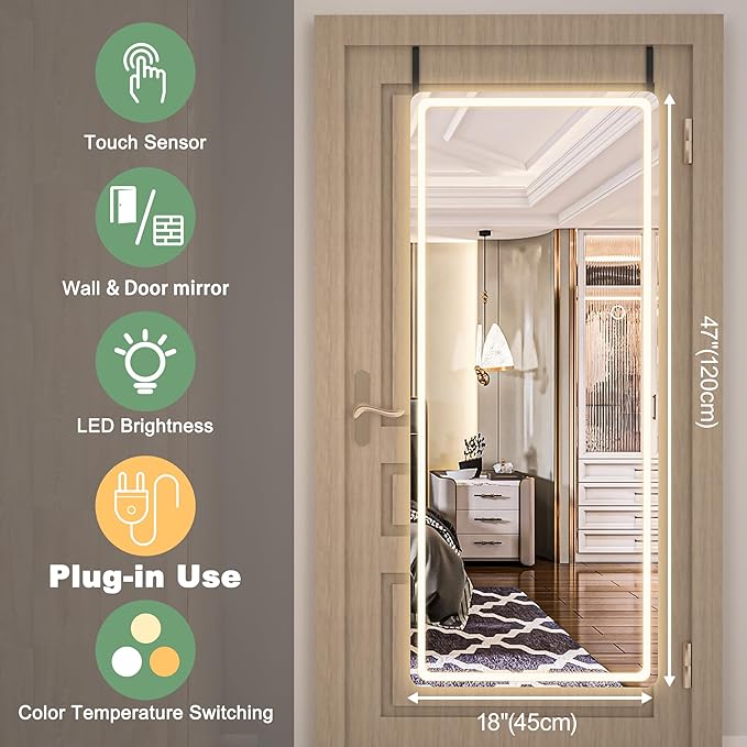Hasipu Full Length Over The Door Mirror with Lights for Bedroom, Living Room, Cloakroom, White