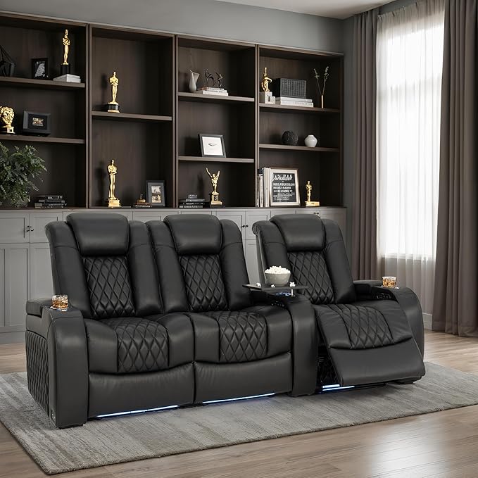 Seatcraft Diamante Zero-Gravity CoolZero Italian Leather Home Theater Seating, Power Headrest, Power Recline, Row of 3 Left Loveseat, Black