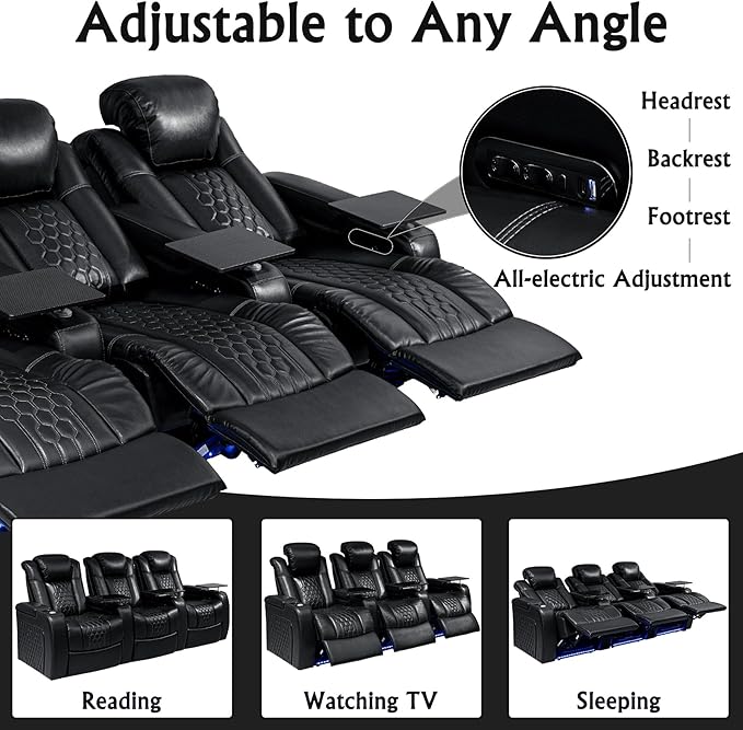 Home Theater Seating, Living Room, Powered Headrest, Powered Lumbar, Italian Leather, Powered Recline, Single Recliner (Black, Row of 3)