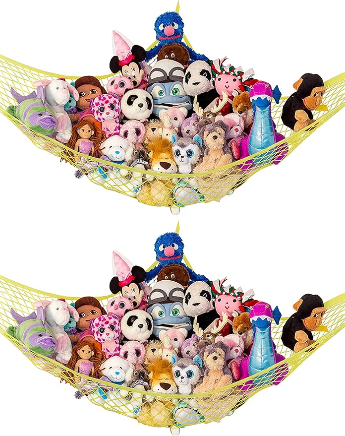 Lilly's Love Stuffed Animal Hammock | Corner Hanging Organizer, Toy Storage, Stuffed Animal Storage Net | Made from Quality Fishing Net, Holds 12lbs | 67"x47"x47" (Yellow, 2 Pack)