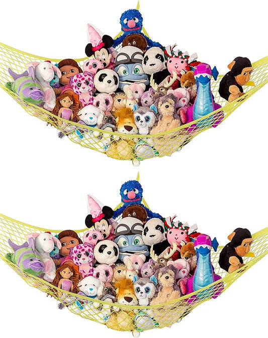 Lilly's Love Stuffed Animal Hammock | Corner Hanging Organizer, Toy Storage, Stuffed Animal Storage Net | Made from Quality Fishing Net, Holds 12lbs | 67"x47"x47" (Yellow, 2 Pack)