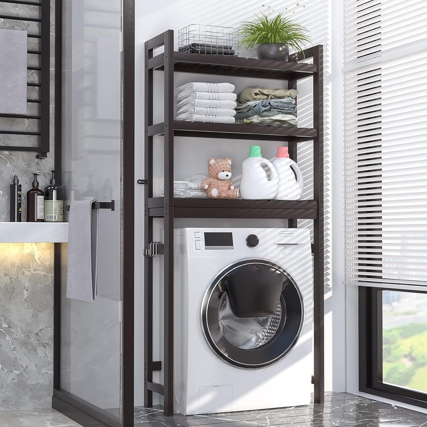 Homykic Over The Toilet Storage, Bamboo 3-Tier Over-The-Toilet Space Saver Organizer Rack, Stable Freestanding Above Toilet Stand with 3 Hooks for Bathroom, Restroom, Laundry, Espresso