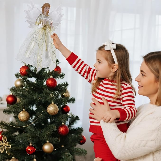 YOFIT 12-inch Lighted Angel Christmas Tree Topper - Battery Operated with Warm White LED Lights, Angel Ornaments for Xmas Tree Decor, Home Holiday Decorations