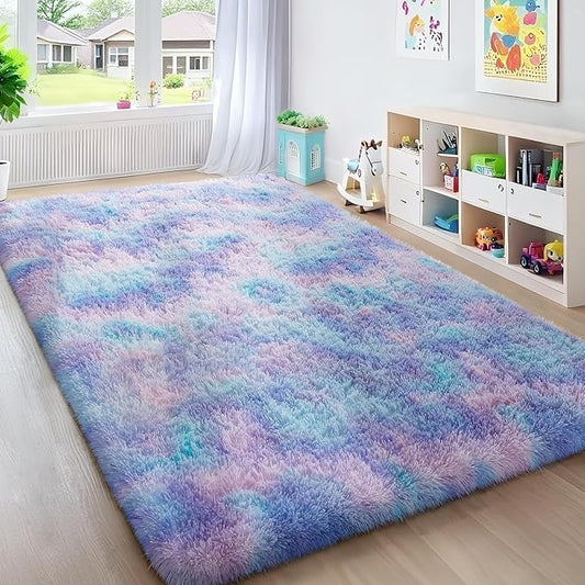 Ophanie Rainbow Purple Mermaid Rugs for Living Room 5x8, Fluffy Shag Fuzzy Plush Soft Carpets, Floor Shaggy Area Rugs for Bedroom, Carpet for Kids Girls Dorm Nursery Home Decor Aesthetic