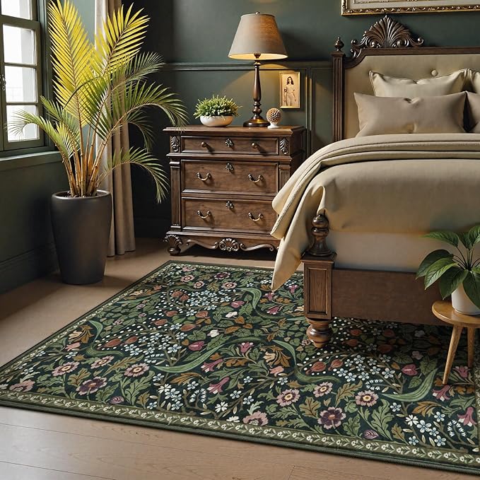 Lahome Floral 5x7 Washable Living Room Rugs, Green Area Rugs for Bedroom Rubber Backed, Botanical Thin Stain-Resistant Carpet for Dining Room, Guestroom, Kids Room, Living Room Decor