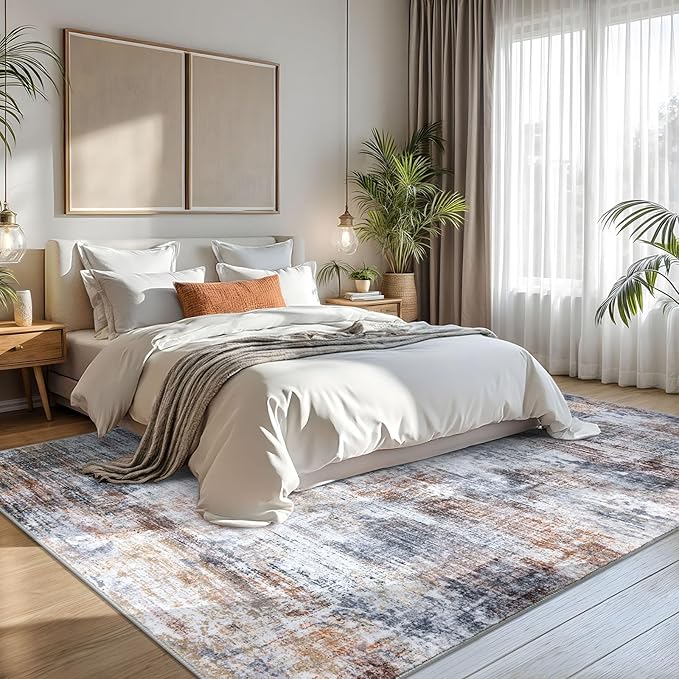 IOHOUZE Abstract Area Rugs 8x10 Ft Washable Large Rugs for Living Room, Non Slip Dining Room Rug, Printed Faux Wool Rugs for Bedroom, Floor Carpet for Office Nursery Playroom, Orange Grey