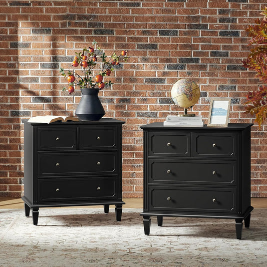 HULALA HOME Mid-Century Modern Nightstand with Charging Station and Divider Tray, 4-Drawer Bedside Table with Solid Wood Legs (Black,Set of 2)