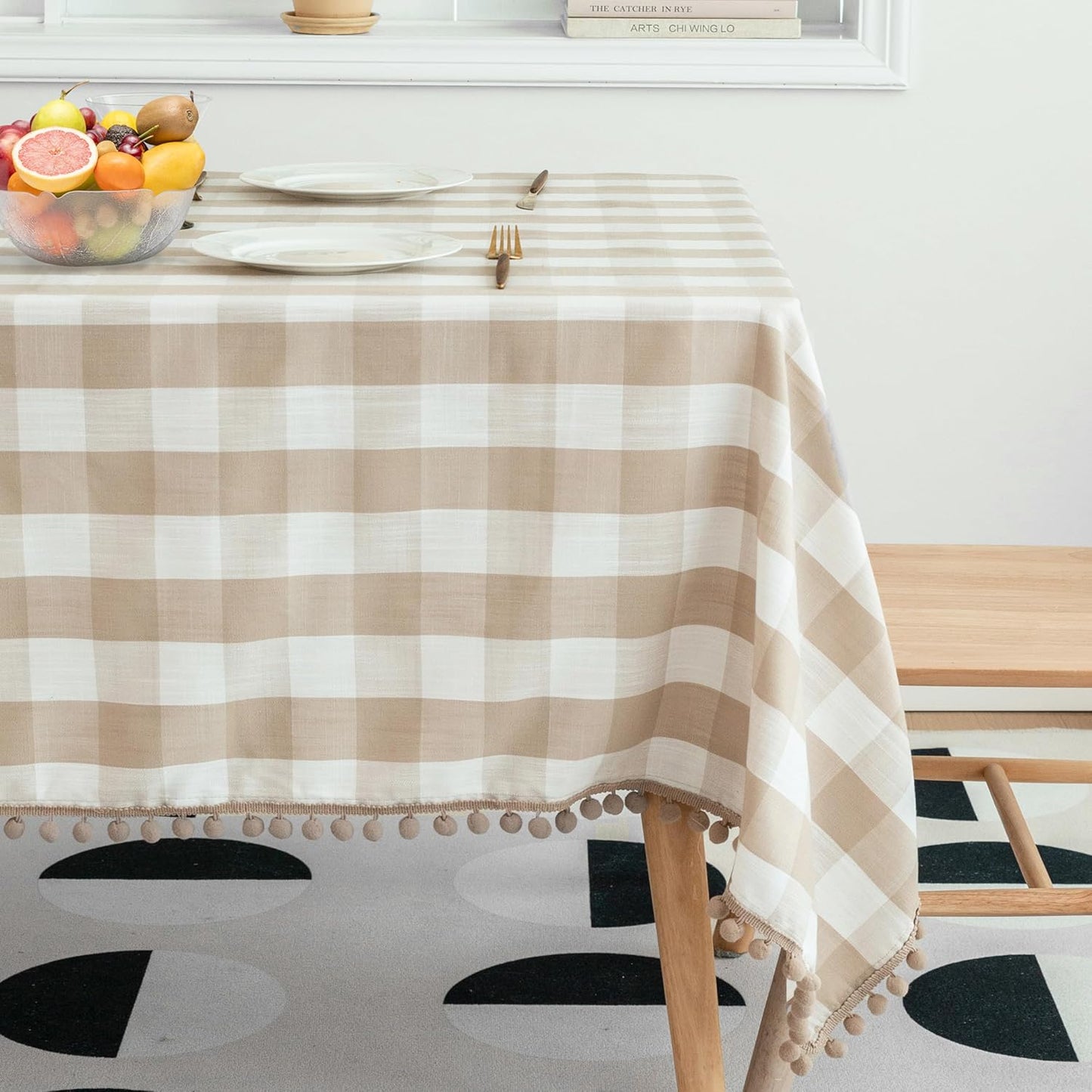 Jubilantex Square Buffalo Plaid Tablecloth Tablecloth with Tassel Beige and White Rustic Linen Textured Farmhouse Table Cover for Kitchen Restaurant Dining Table Top 54 x 54 inch