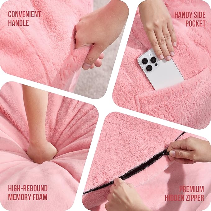 Hobestluk 5ft Bean Bag Chairs for Adults Large Beanbag Chair with Plush Faux Fur Cover Big Bean Bag Chair for Living Room Bedroom Dorm Office - Pink (50” x 50” x 24”)