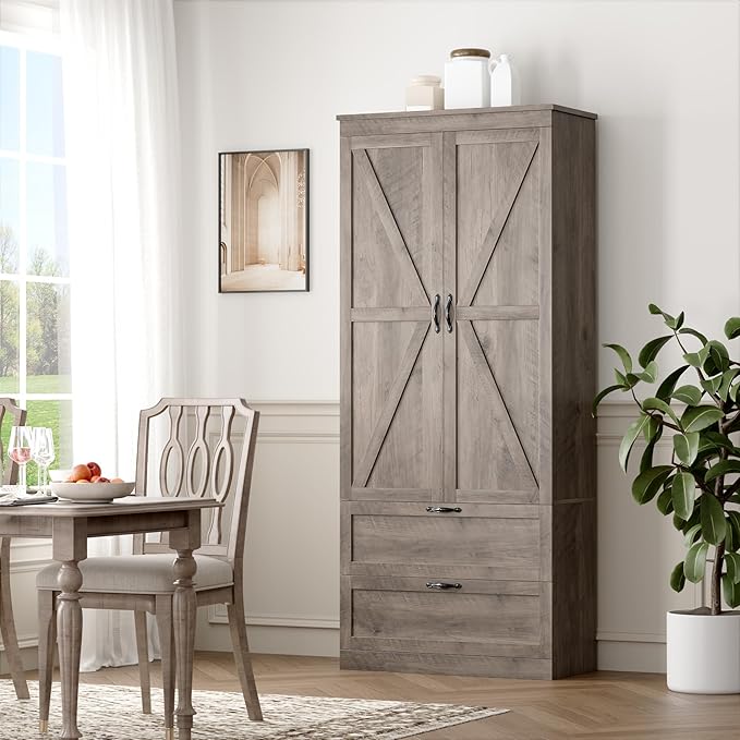 HOSTACK 70" Tall Kitchen Pantry Storage, Barn Doors Pantry Cabinet with Drawers and Adjustable Shelf, Modern Farmhouse Storage Cabinet for Kitchen, Dining Room, Living Room, Bathroom, Ash Grey