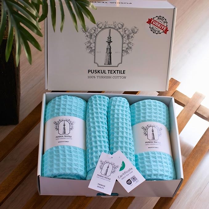 Püskül - Luxury Waffle Towel Set for Bathroom 4 Pieces Turquoise Blue, Premium Quality Organic 100% Turkish Cotton 2 Hand and 2 Bath Towels, Quick Dry Thin Waffle Towels, Made in Turkiye (Turquoise)