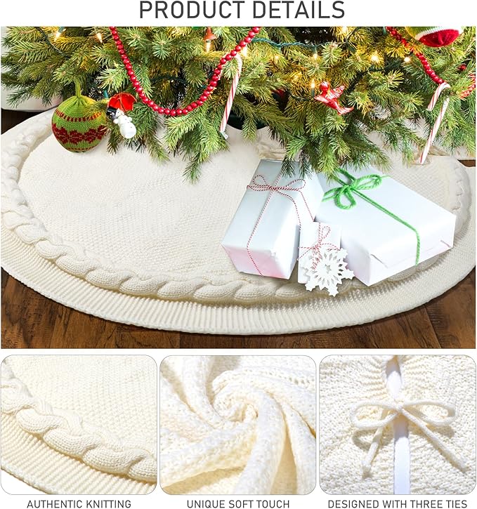 Knitted Christmas Tree Skirt 48 inches - Cream Cable Knit Christmas Tree Skirt - Thick Rustic Farmhouse Christmas Tree Skirt Decorations - Xmas Holiday Home Party Decor(Cream)