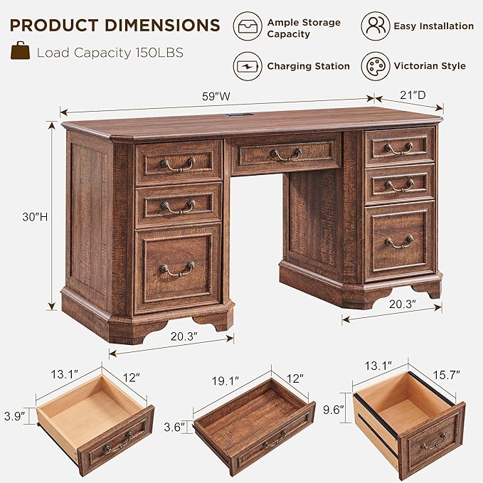 T4TREAM 59" Farmhouse Executive Desk with Drawers,Wood Home Office Computer Desk, Featuring Keyboard Tray,Charging Station,File Drawer, Storage Cabinet,for Work and Study (Reclaimed Barnwood)