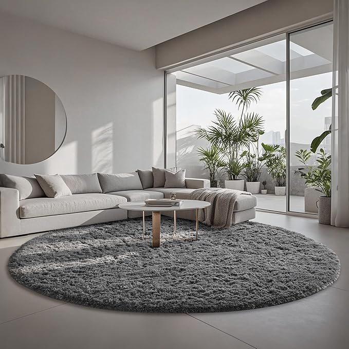 Ophanie Round Rugs 8Ft Grey Circle Area Rug, Fluffy Fuzzy Bedroom Carpet, Plush Soft Shaggy Indoor Floor Gray Living Room Rugs for Kids Home Decor Aesthetic, Nursery