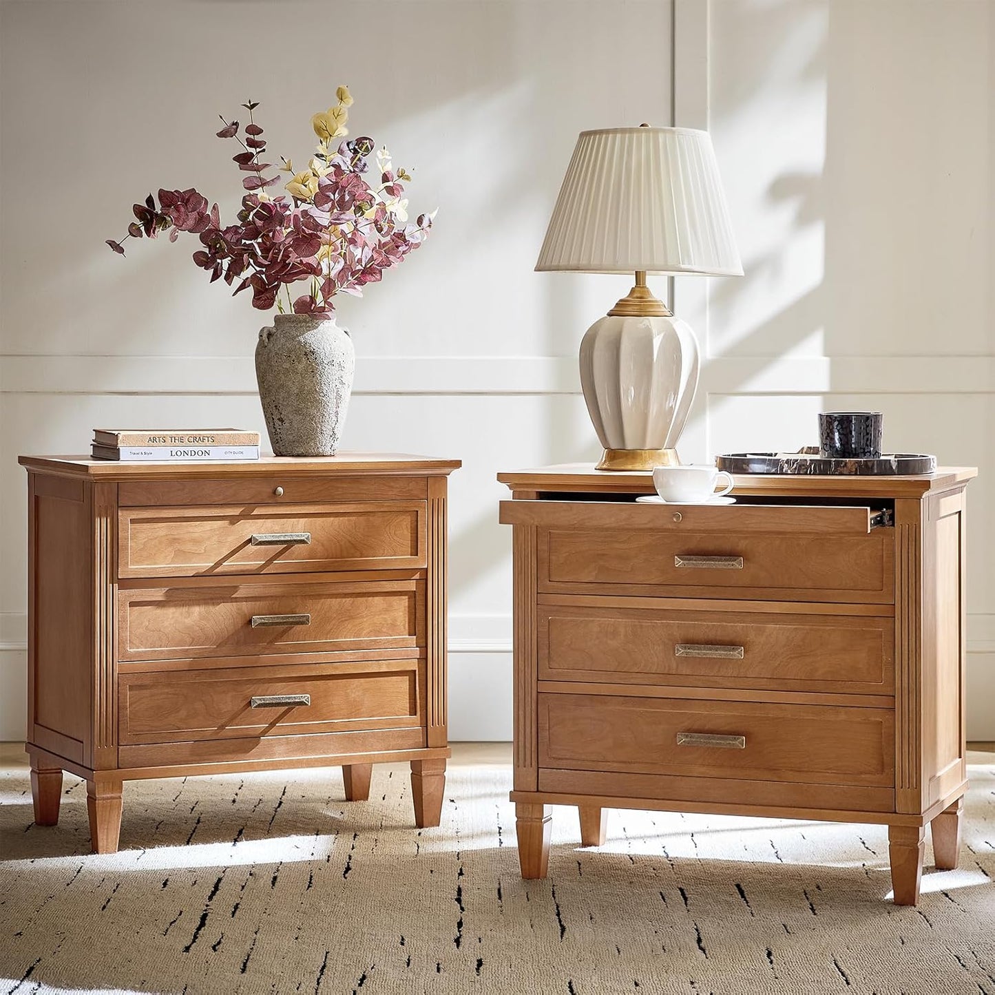 HULALA HOME Farmhouse Nightstand with Charging Station, Pull-Out Tray, 3 Drawers Nightstand with Solid Wood Legs, Wood Veneer Bedside Table with Open Shelf Set of 2, Acorn