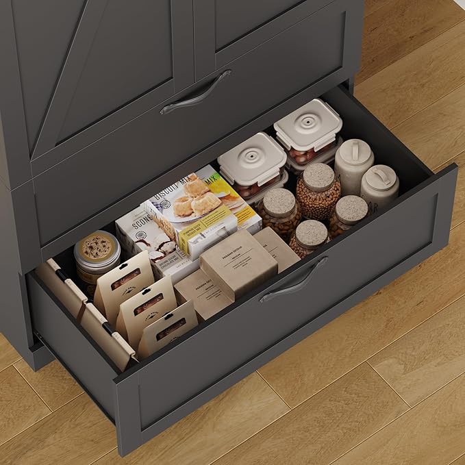 HOSTACK 70" Tall Kitchen Pantry Storage, Barn Doors Pantry Cabinet with Drawers and Adjustable Shelf, Modern Farmhouse Storage Cabinet for Kitchen, Dining Room, Living Room, Bathroom, Black