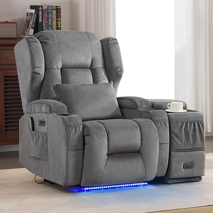 Wall Hugger Power Recliner Chair, Home Theater Seating Electric Recliing Sofa with Massage & Heat, Cup Holder, USB Port, LED Ambient Light, Storage for Living Room (Grey, Chair + Console)