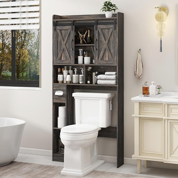 Over The Toilet Storage Cabinet, Farmhouse Storage Cabinet Over Toilet with Sliding Door& Toilet Paper Holder Stand，Home Space-Saving Toilet Rack, for Bathroom, Laundry and Restroom
