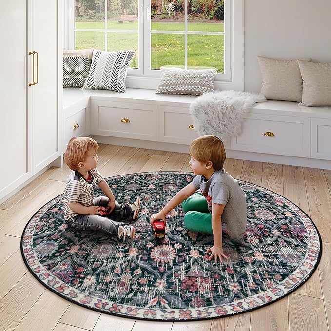 Lahome Moroccan Trellis Washable Round Rugs, Non-Slip Soft Round Rug 4ft Ultra-Thin, Small Vintage Circle Carpet for Entryway Kitchen Bedroom Nursery Bathroom, Black/Multi