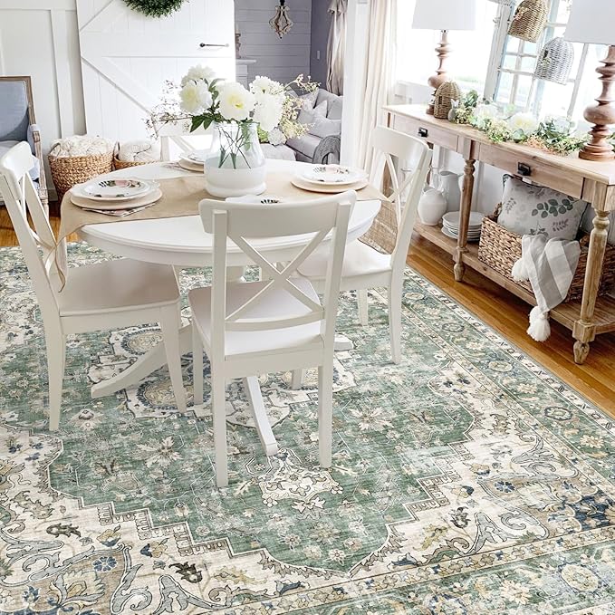Washable Area Rug 5x7 - Boho Living Room Rug Stain Resistant Soft Bedroom Rug Ultra-Thin Sage Green Vintage Oriental Farmhouse Dining Room Rugs for Under Table Indoor Carpet for Living Room