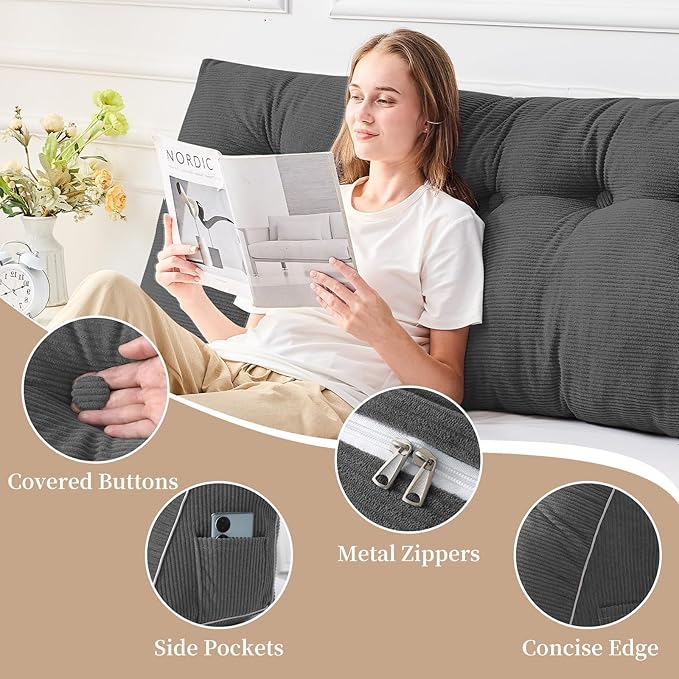 Sasttie Headboard Pillow Full, Wedge Pillow Headboard for Sitting Up in Bed, Back-Rest Support Triangular Cushion for Reading - Features Removable Washable Cover, Dark Grey