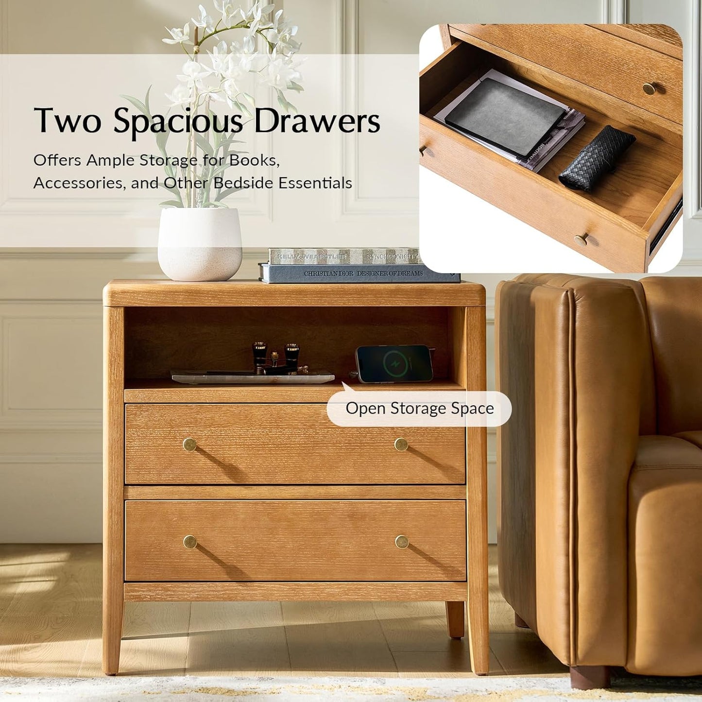 HULALA HOME Nightstands Set of 2 with Charging Station, Modern 2 Drawer Night Stands with Solid Wood Frame, Large Wood Bedside Tables with Open Storage Space, Oak