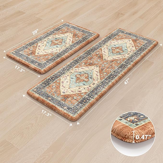 KIMODE Anti Fatigue Kitchen Mat for Floor, Boho Orange Kitchen Rugs Sets of 2, Cushioned Kitchen Floor Mats, Fall Kitchen Rugs Non Slip for Halloween Sink Laundry Desk Home 17"x47"+17"x29"