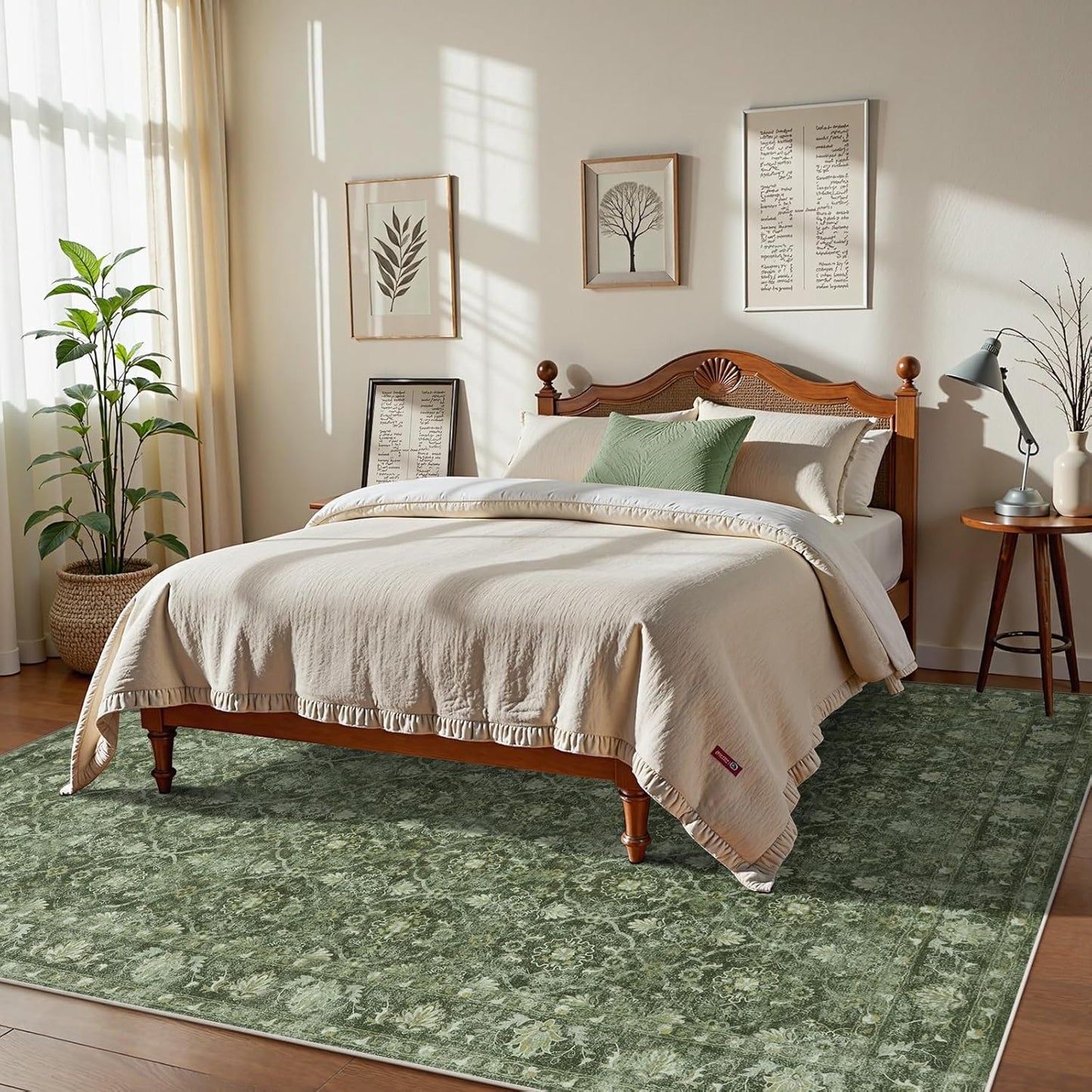 Vintage Green Area Rug 8x10 for Living Room, Washable Boho Moroccan Bedroom Rug with Ruber Backing, Stain Resistant Large Carpet for Dining Room Office Home Apartment (8'x10', Dark Green)