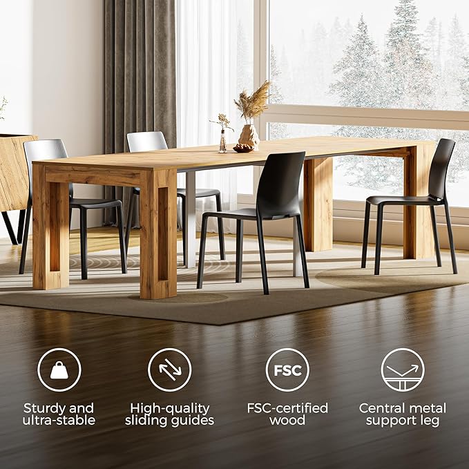 Mobili Fiver, Easy, Extendable Console Table with Extension Leaves Holder, 17.7(120.1) x35.4 in, Rustic Oak, for 4-12 People, Space Saving Dining Table for Entrance, Living Room, Italian Furniture