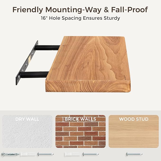 36" Rustic Elm Wood Floating Shelves, 8 Inch Deep Wall Shelves for Home Decor, Wall Mounted Floating Shelf with Invisible Bracket, Heavy-Duty Storage & Display Shelf for Living Room, Kitchen, Set of 2