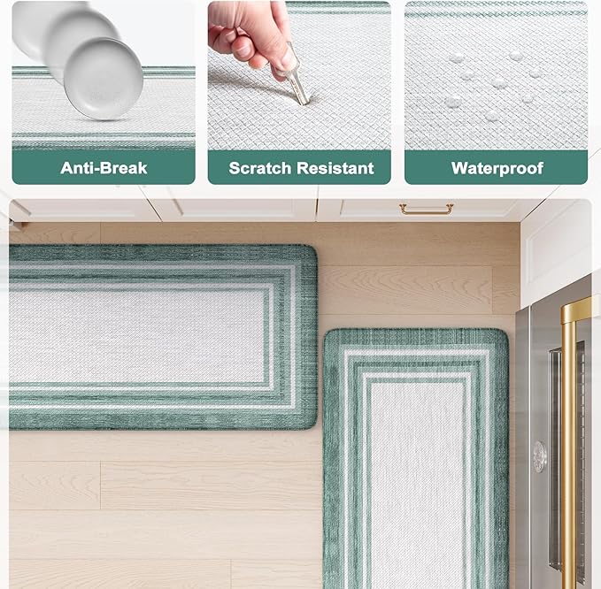 KIMODE Anti Fatigue Kitchen Mats,Farmhouse Kitchen Rugs Non Slip Rubber Backing,Waterproof Kitchen Mat for Floor,Cushioned Standing Mat for Kitchen,Laundry,Sink,Desk,Green