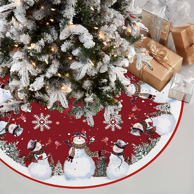 Snowman Christmas Tree Skirt 48 Inches, Red Backgrond Snowflake Pencil Tree Skirt, Winter Xmas Tree Mat Decorations for Home Party Holiday Decorations