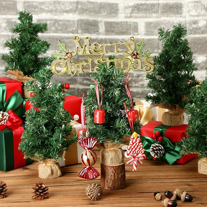 Yinder Tabletop 12 Pcs Mini Christmas Tree 7.87 Inch Artificial Mini Xmas Miniature Pine Christmas Tree with Linen Base for Xmas Holiday Decorations Indoor Home Kitchen Dining Table