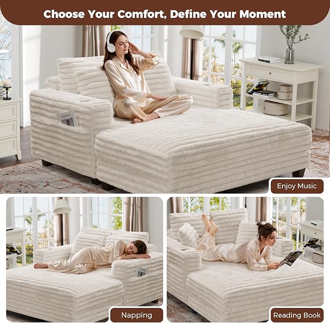 HUSFU Chaise Lounge Chair Indoor, 60'' Oversized Sleeper Sofa, Chaise Lounge Reading Chairs for w/Cup Holder and USB&Type C Port, Fluffy Plush Faux Fur Cloud Sofas Couches for Living Room, Beige, 2PCS