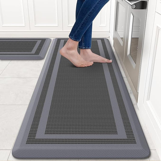 KitchenClouds [2 PCS Kitchen Rugs Cushioned Anti-Fatigue Kitchen Mats for Floor Waterproof Kitchen Rug Set Non-Slip Comfort Standing Mat for Office, Sink, Laundry 17.3"×29"+17.3"×47", Grey