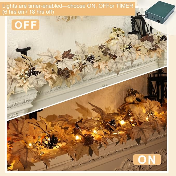 Realistic Fall Garland with Lights, 6 FT Real Touch Feel Leaves Garland with Berries Pine Cones, Fall Decorations for Home Thanksgiving Halloween Decorations Indoor Farmhouse Porch Fireplace