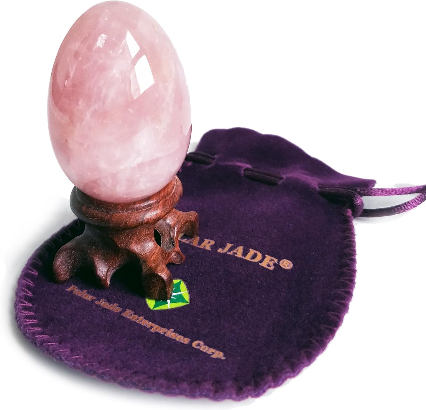Polar Jade Rose Quartz Gemstone Egg Sphere with Wooden Stand for Healing Meditation Chakra Balancing and Home Decoration (L Size)