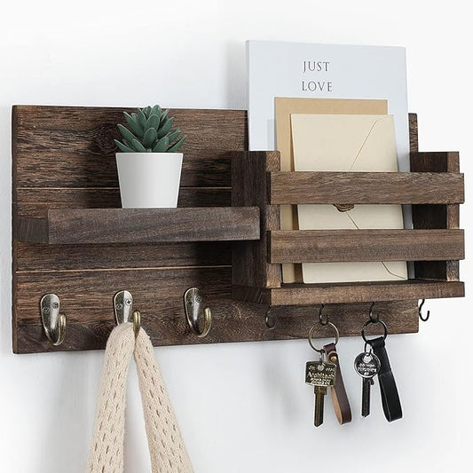 Mail Organizer for Wall Mount – Key Holder with Shelf Includes Letter Holder and Hooks for Coats, Dog Leashes – Rustic Wood with Flush Mounting Hardware (16.5” x 8.7” x 3.5”)