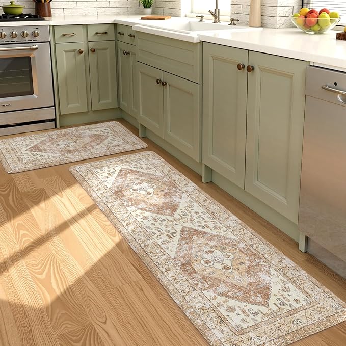 KIMODE Anti Fatigue Kitchen Mats for Floor 2 Piece 20"x59"+20"x32", Khaki Boho Distressed Kitchen Rugs, Non Slip Waterproof Kitchen Floor Mat, Comfort Foam Standing Mat for Sink Laundry Office Desk