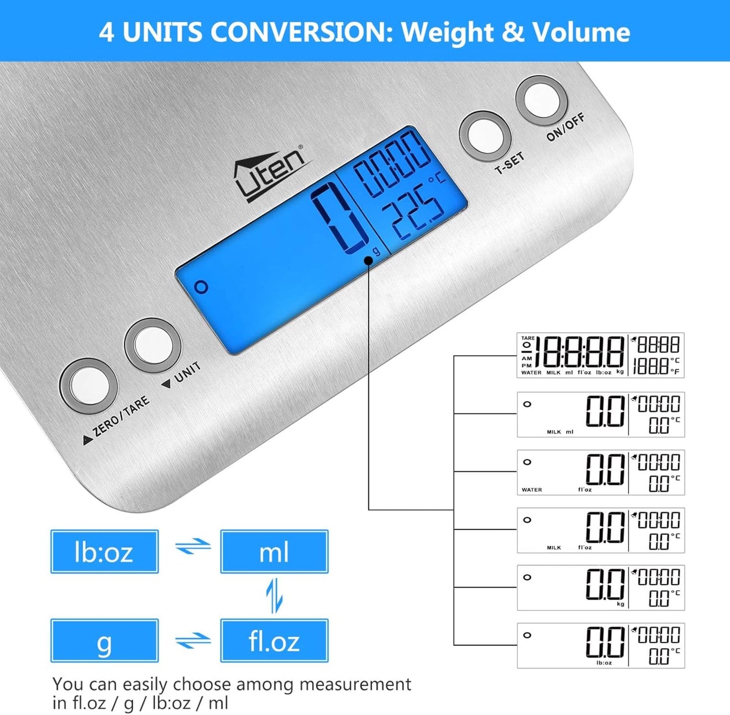 Digital Kitchen Scale Ultra Slim Multifunction Stainless Steel Hook Design Food Scale 11lb 5kg with Back-Lit LCD Display Ideal for Measuring Ingredients and Liquids