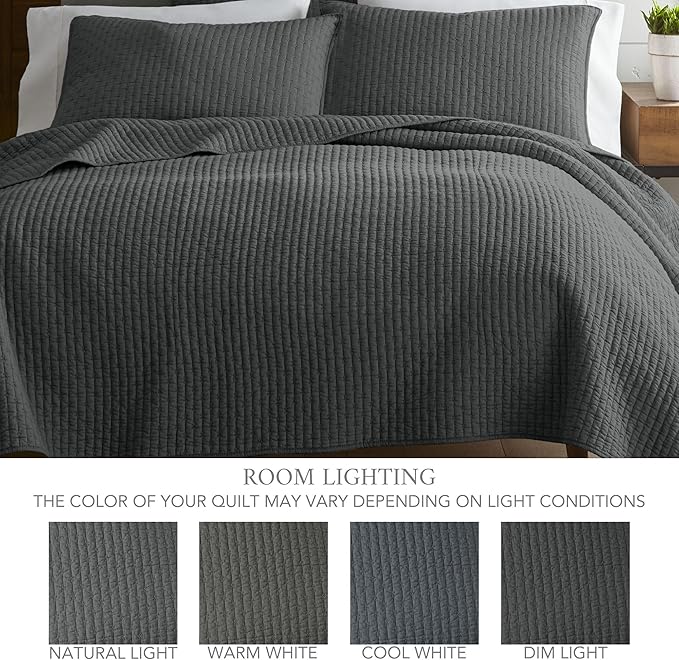 Levtex Home Cross Stitch Reversible Twin XL/Twin Quilt Set (68x86in) and 1 Pillow Sham (26x20in) - Stitch Texture - Charcoal - 0 Cotton Twin/Twin Size Quilt Bedding Set - Lightweight Soft Pre-Washed