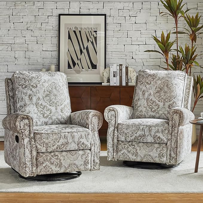 HULALA Home Swivel Rocker Recliner Set of 2, Modern Printed Fabric Swivel Recliner Chair for Adults Glider with Adjustable Backrest & Footrest, Beige
