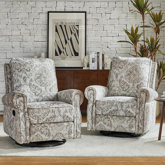 HULALA Home Swivel Rocker Recliner Set of 2, Modern Printed Fabric Swivel Recliner Chair for Adults Glider with Adjustable Backrest & Footrest, Beige