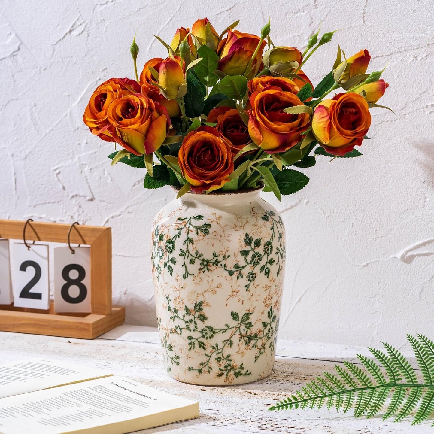 Vintage Pastoral Green and Beige Vase, Round Ceramic Floral Vases, Retro Ice Cracked Chinoiserie Vase for Home Decor, Living Room, Bookshelf, Office, Rustic Table Centerpiece 7.8 Inch