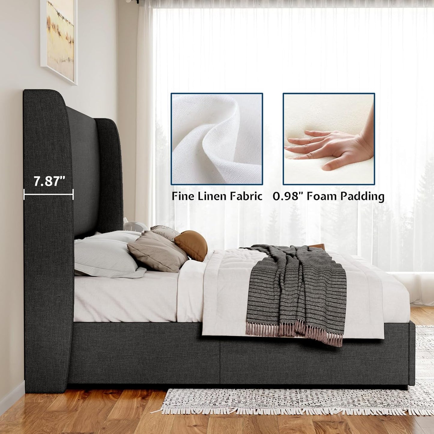 Jocisland King Size Bed Frame Lift Up Storage Bed Upholstered Platform Bed with Wingback Headboard/Hydraulic Storage/No Box Spring Needed/Wood Slats Support/Dark Grey