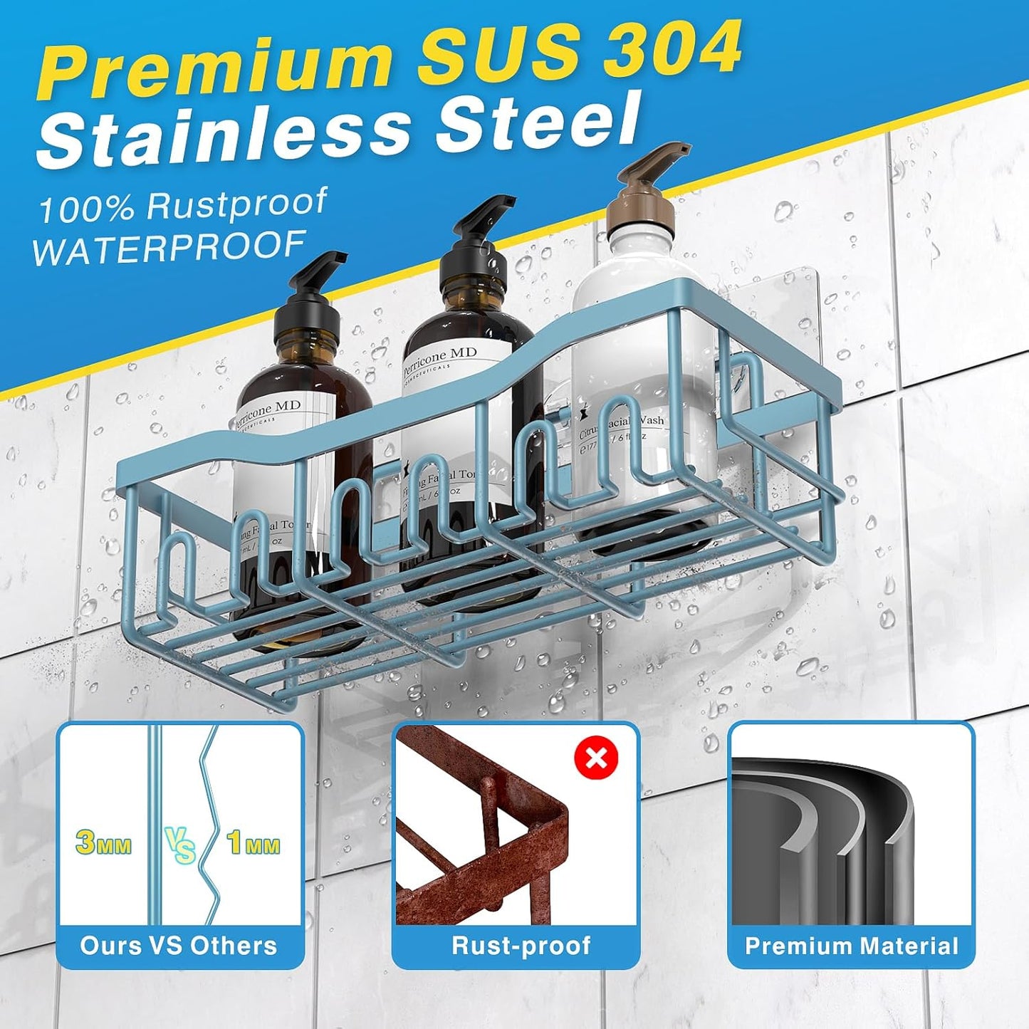 Shower Caddy 2 Pack, Adhesive Shower Organizer for Home Decor & Kitchen Organizers, No Drilling, Rustproof Stainless Steel Bathroom Shelves